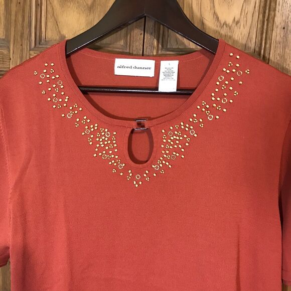 Alfred Dunner Women's L Rust Sienna Knit Blouse Short Sleeve Bling Pullover Top - Picture 2 of 7